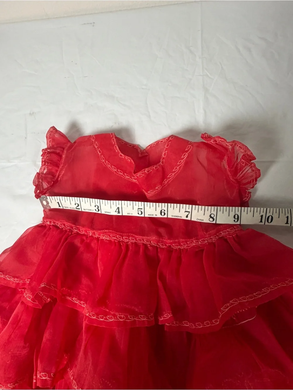 Vintage Handmade Baby Girls Red Tiered Ruffle Dress Tulle White Stitching  There